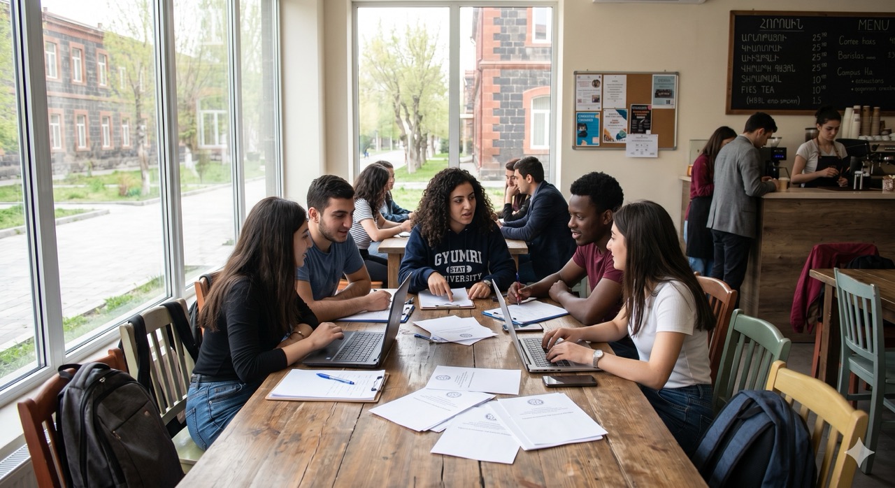  college student volunteers planning at coffee shop