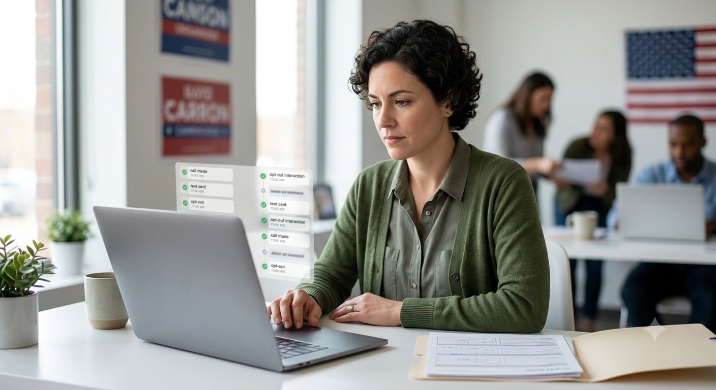 Campaign organizer verifying voter consent records in a CRM activity timeline