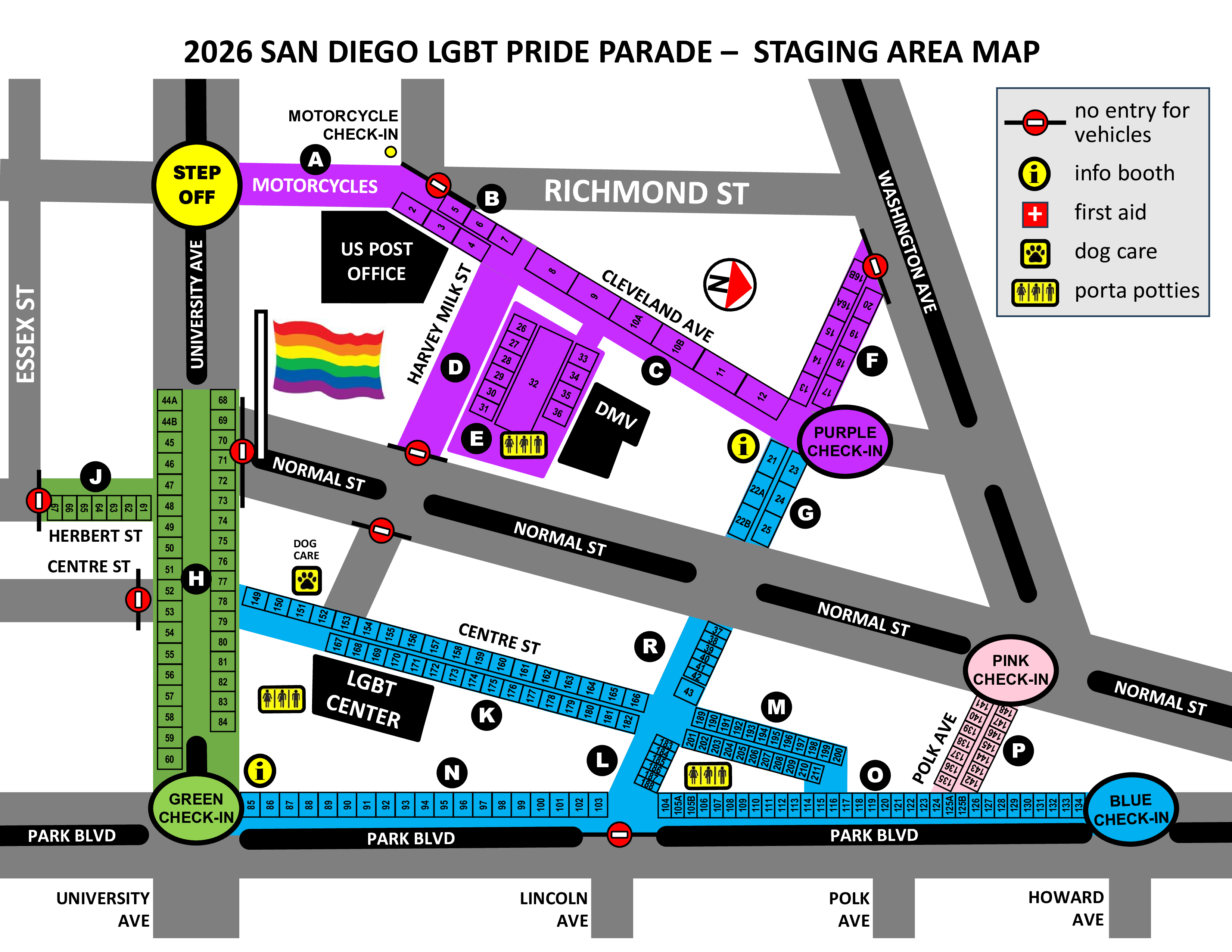 2026 Pride Staging Map A map of the Hillcrest area of San Diego will colored markings to designate staging areas for the Pride parade.