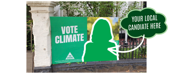 A Greens placard on a fence with an arrow pointing to the candidate saying "Your local candidate here!"