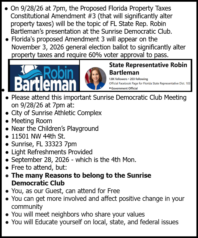 9/28/26, 7pm,  FL StateRep. Robin Bartleman, Amendment 3 Concerns