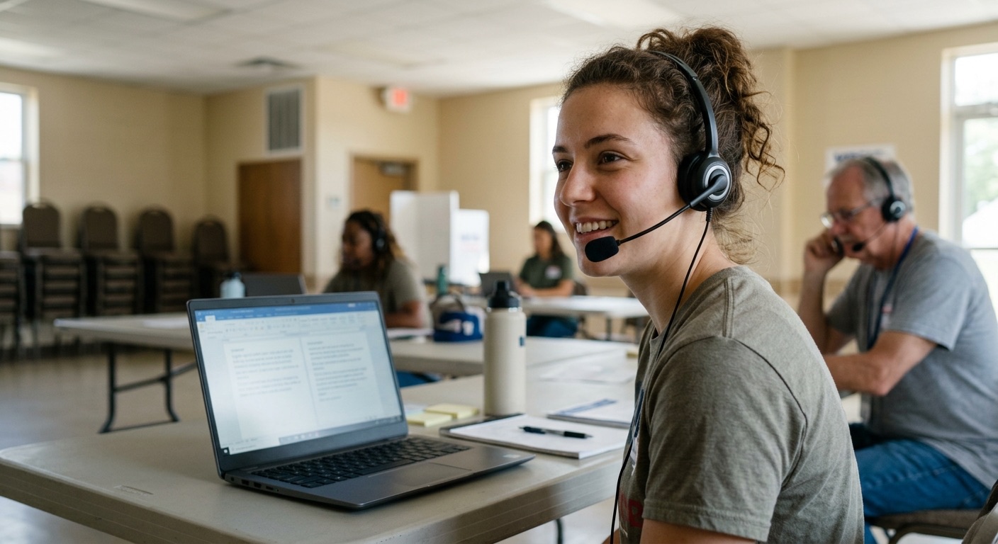 Bilingual volunteer making voter calls using a multilingual phone banking script