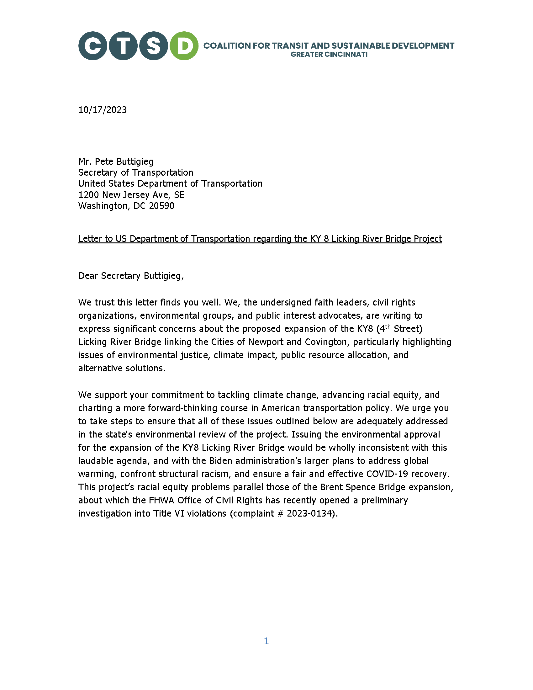 We’ve taken our 4th Street Bridge Concerns to US-DOT