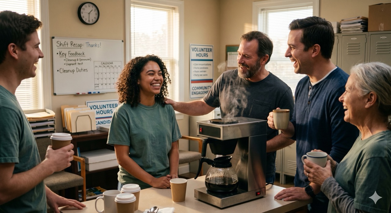 volunteers celebrating first shift completion