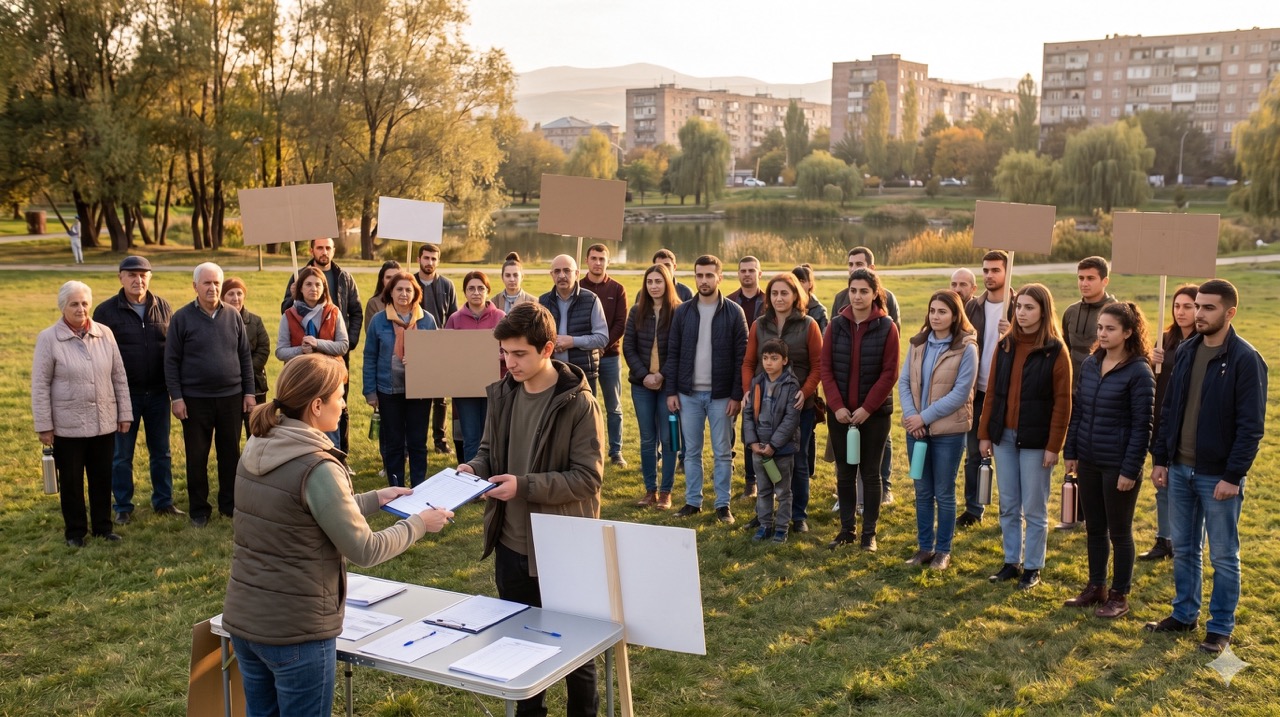 community rally with volunteer recruitment table
