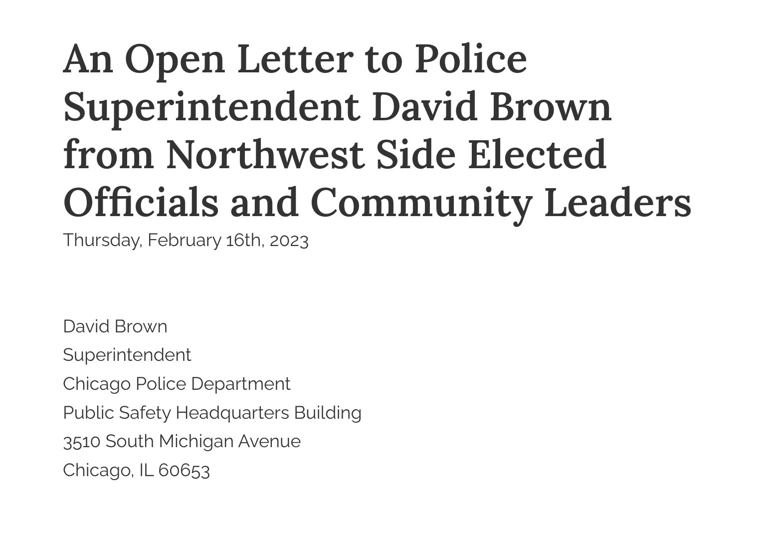 Open Letter to Police Superintendent David Brown from Northwest Side Elected Officials and Community Leaders