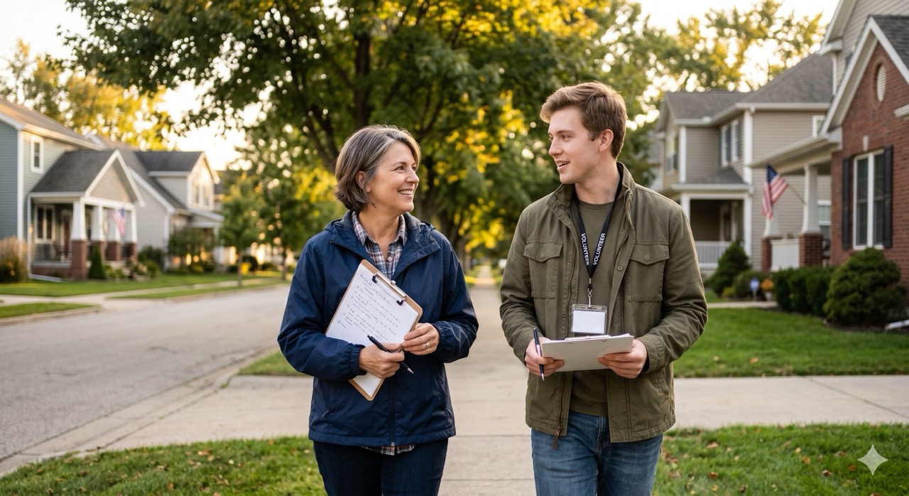 two canvassers walking together down sidewalk