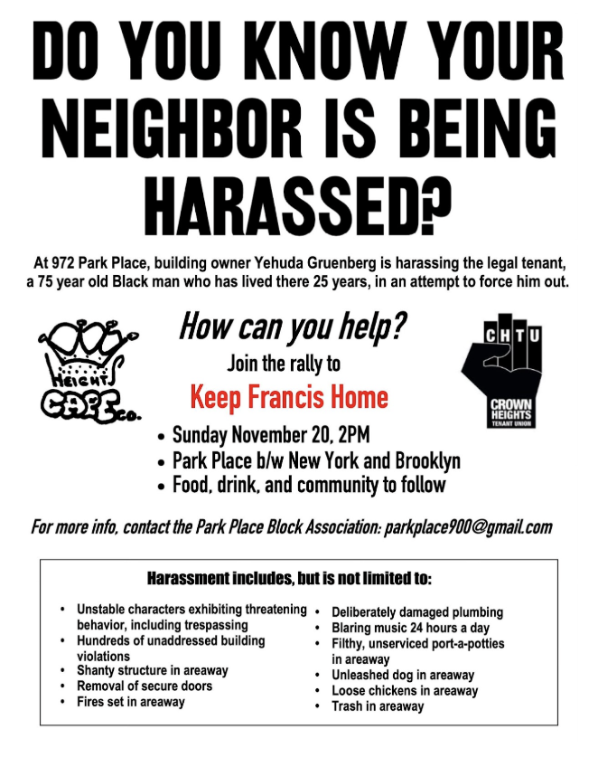  Flyer created during the campaign (2023). Francis Roberts on right. Crown Heights Care Collective, Crown Heights Tenant Union. 