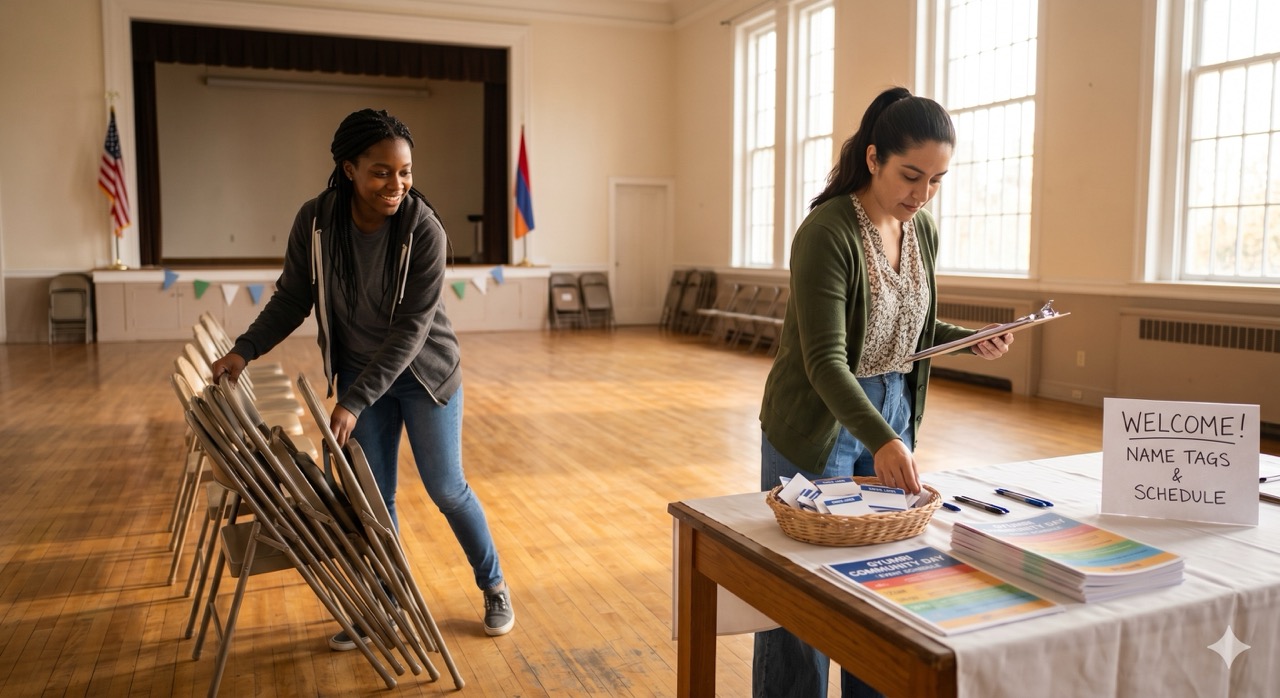 volunteers setting up community event