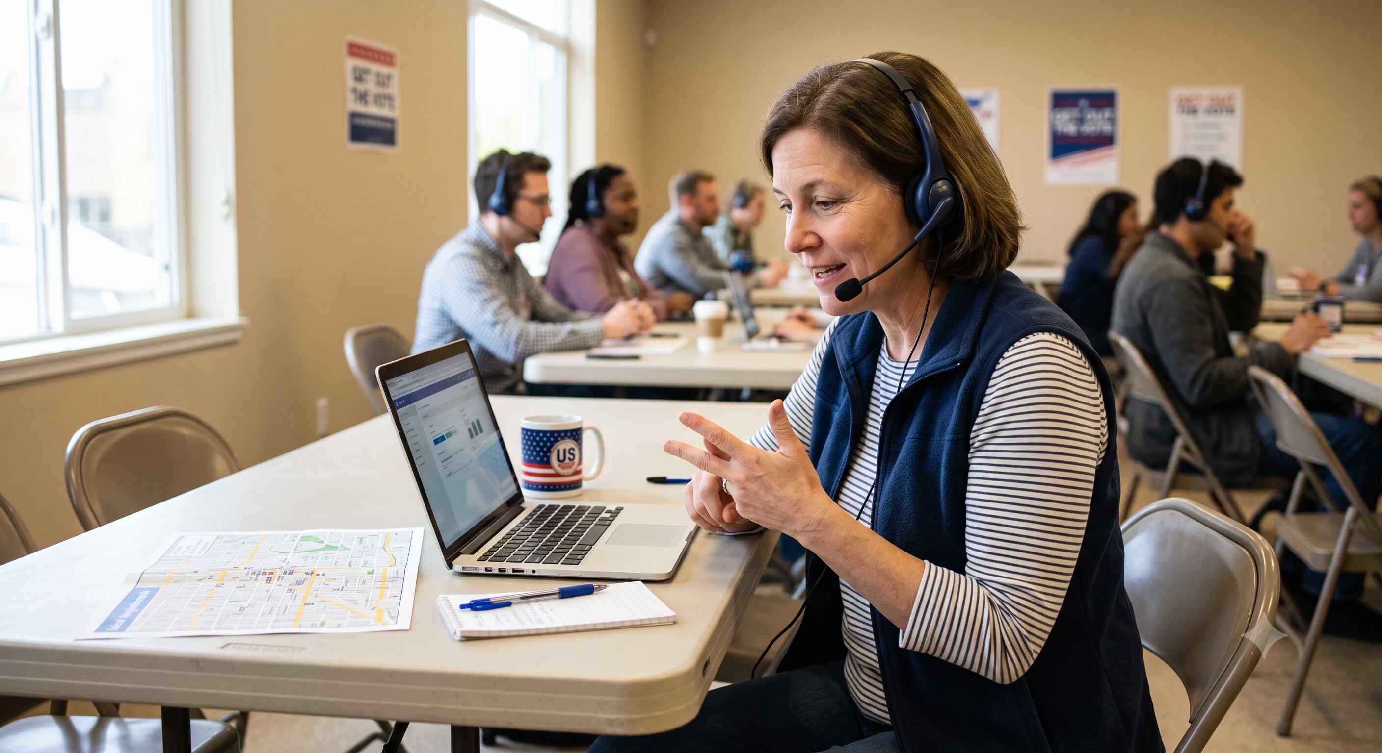 GOTV volunteer helping a voter make a plan to vote with polling location details