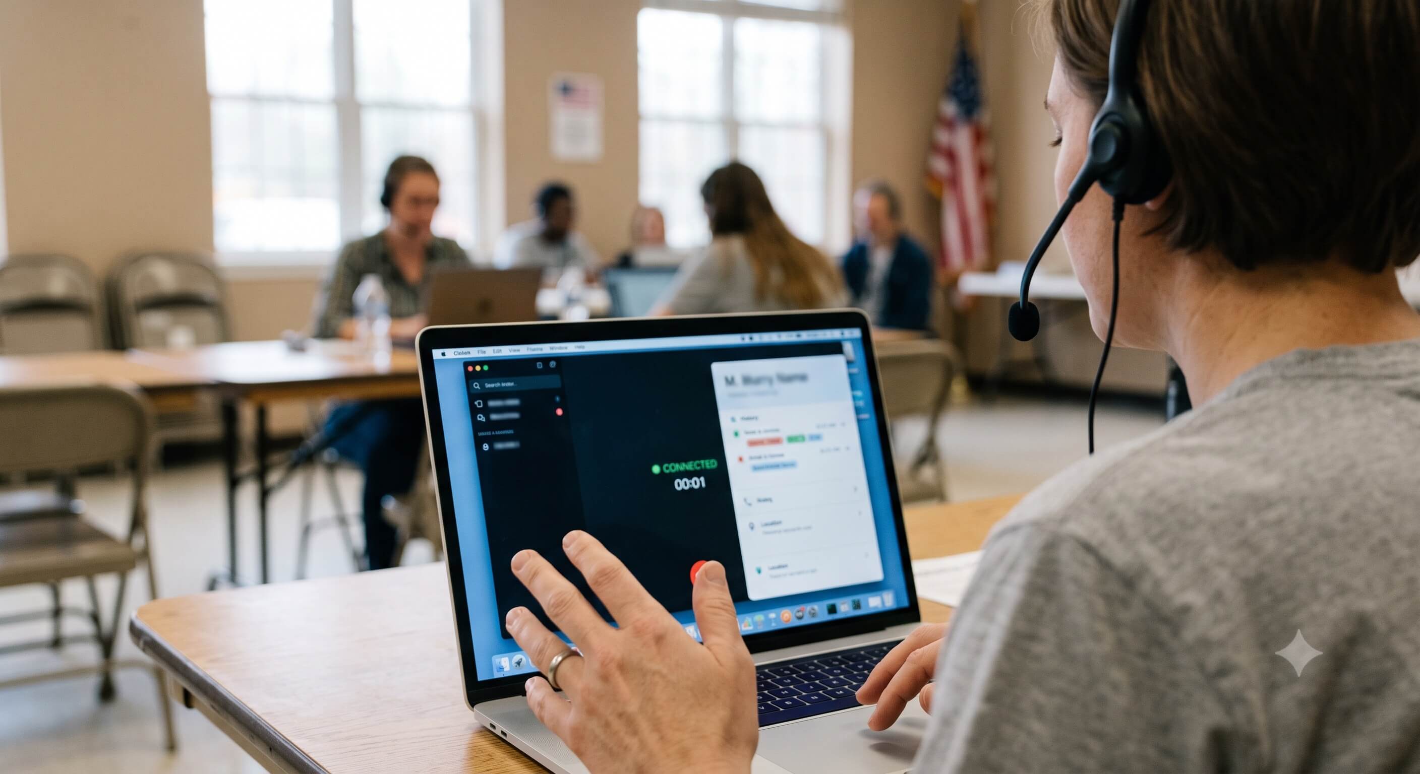 Voter contact record appearing on screen the moment a predictive dialer connects a live call