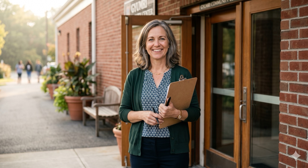 staging host welcoming volunteers at community center