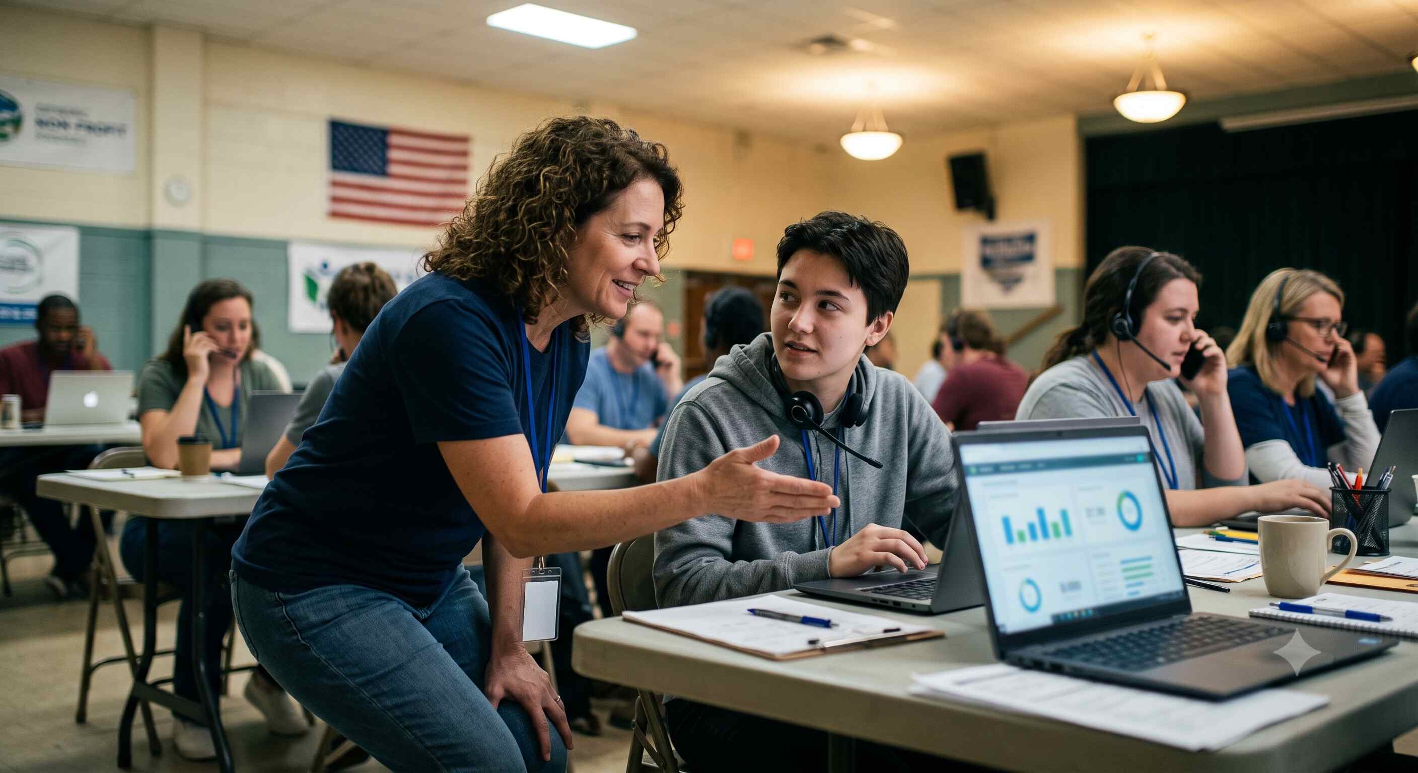 Shift captain coaching a phone bank volunteer in real time during a political calling session