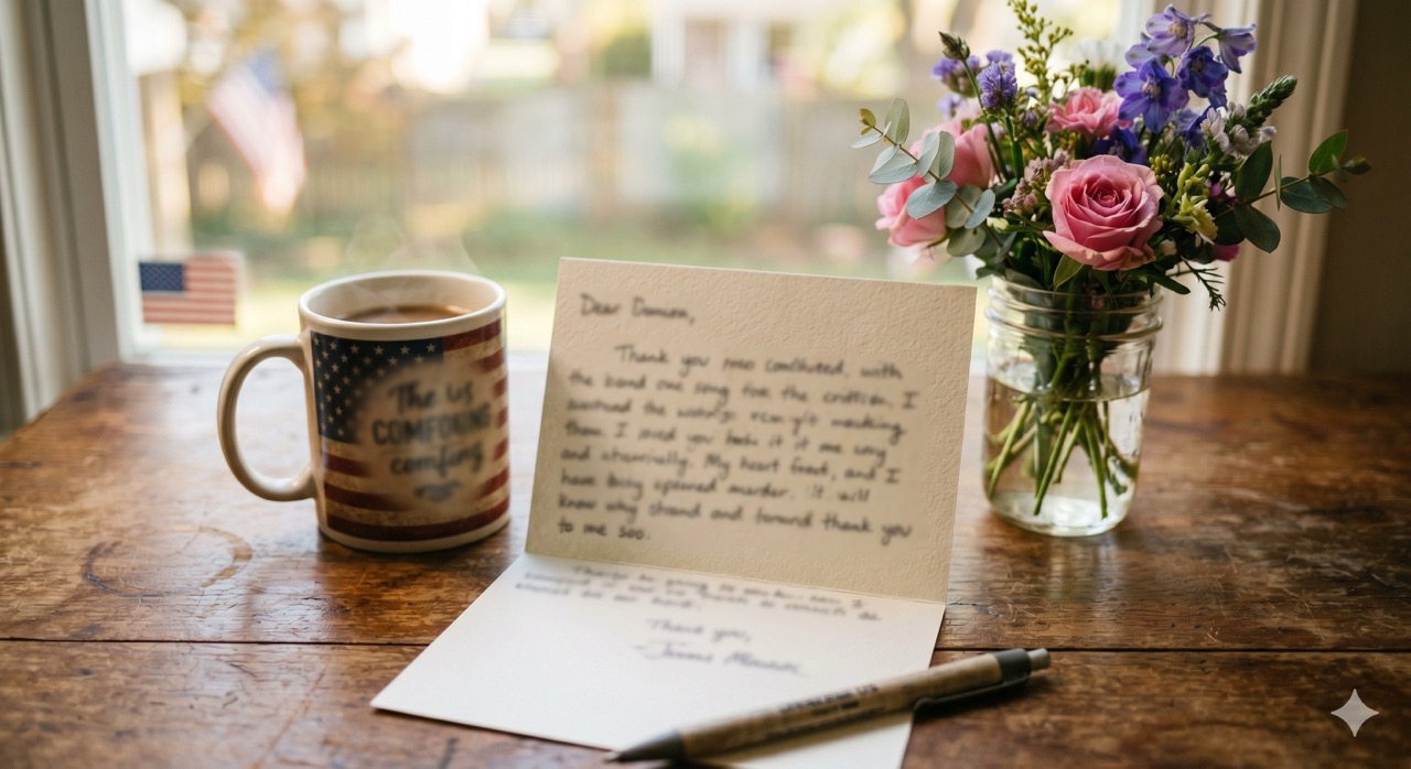 handwritten thank you note on desk