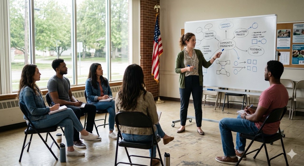 young woman leading peer volunteer training