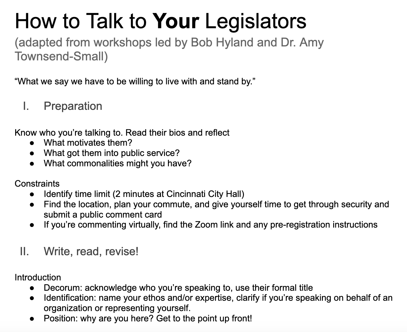 How to Talk to Your Legislators: Workshop Recap