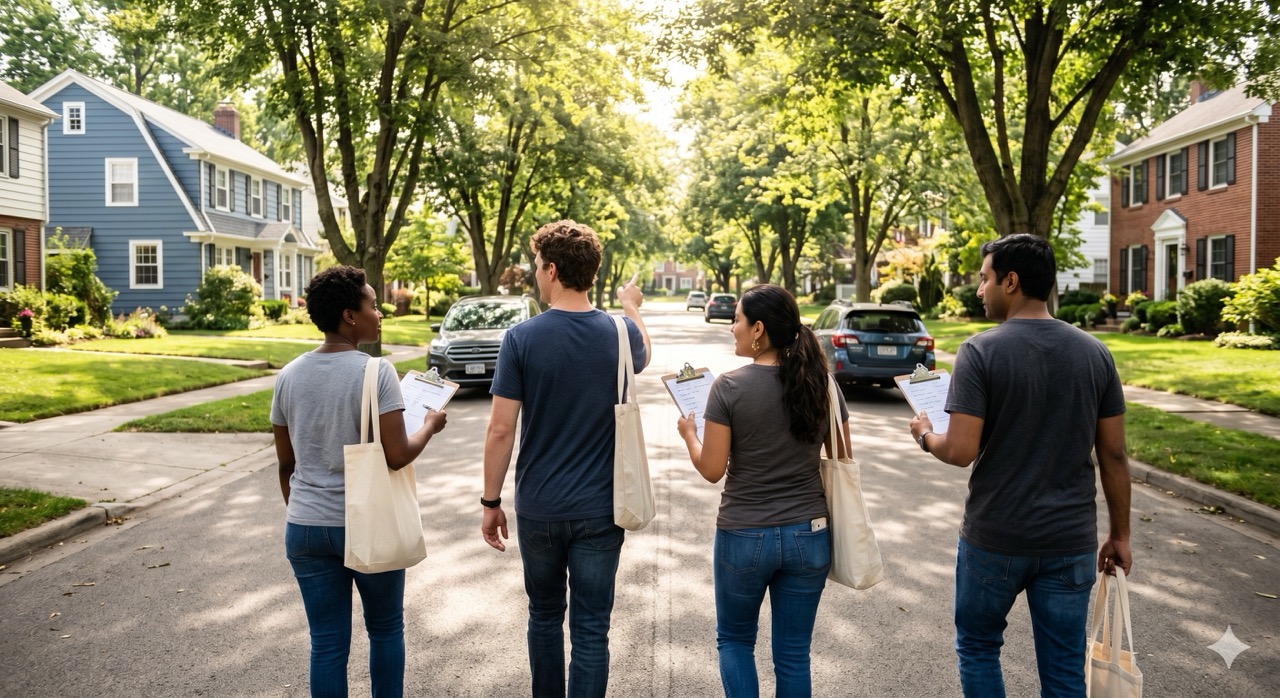 volunteer canvassing team walking residential street