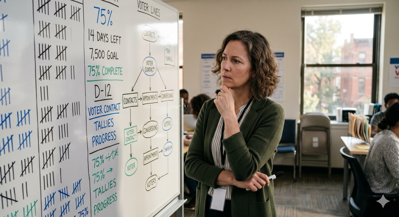 field director reviewing metrics on whiteboard