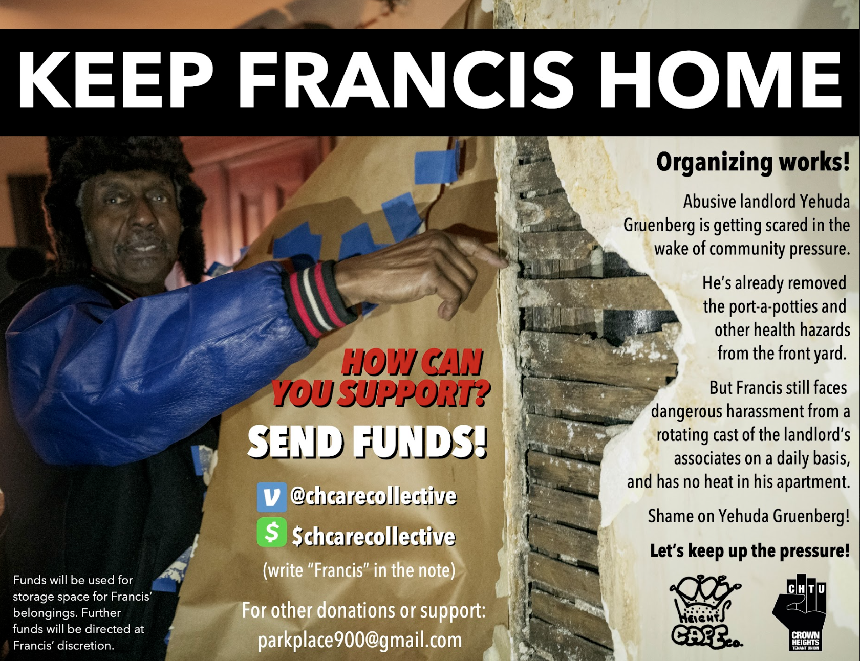  Fundraising poster created during the campaign (2023). Francis Roberts on right. (Photo courtesy the New York Times.) Crown Heights Care Collective, Crown Heights Tenant Union. 