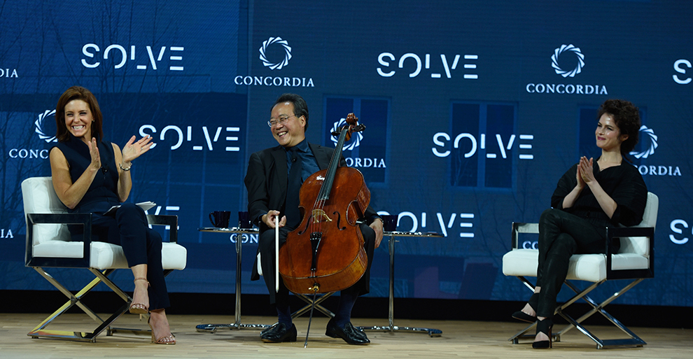 Anchor Stephanie Ruhle, MSNBC, Cellist Yo-Yo Ma, Curator of the MIT Solve Arts and Culture Mentorship Prize, and Dr. Neri Oxman, Associate Professor of Media Arts and Sciences, MIT, speak at The 2017 Concordia Annual Summit at Grand Hyatt New York on September 18, 2017 in New York City. (Photo by Riccardo Savi/Getty Images for Concordia Summit) Anchor Stephanie Ruhle, MSNBC, Cellist Yo-Yo Ma, Curator of the MIT Solve Arts and Culture Mentorship Prize, and Dr. Neri Oxman, Associate Professor of Media Arts and Sciences, MIT, speak at The 2017 Concordia Annual Summit at Grand Hyatt New York on September 18, 2017 in New York City. (Photo by Riccardo Savi/Getty Images for Concordia Summit)