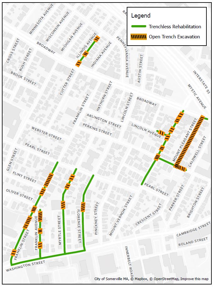 Map showing locations of work for sewer rehab in East Somerville