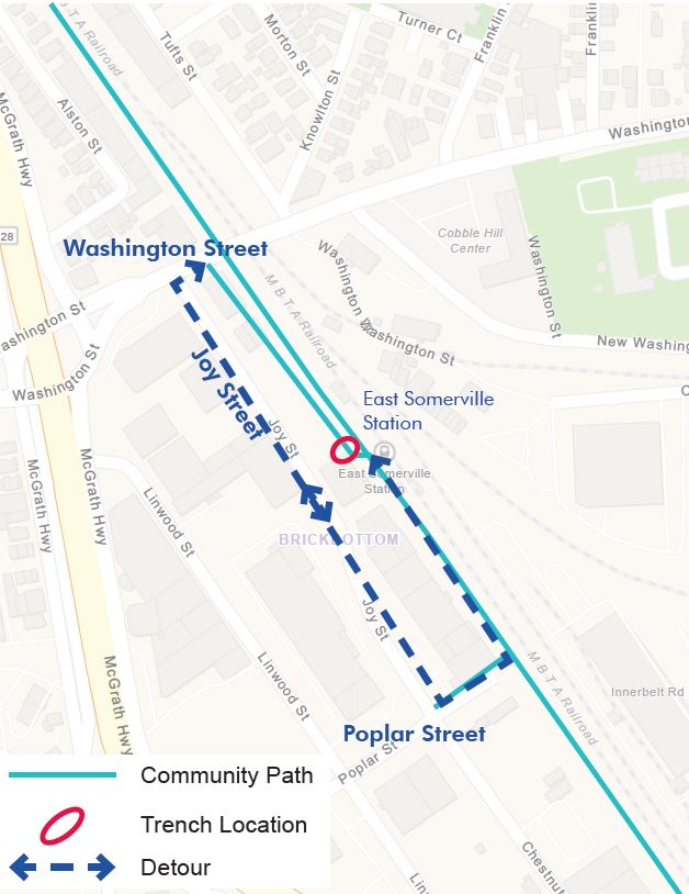 Map of temporary detour route between Washington Street and the MBTA station. Arrow indicates detour route traveling down Joy Street to Poplar Street where people can connect back with the community path to access the station