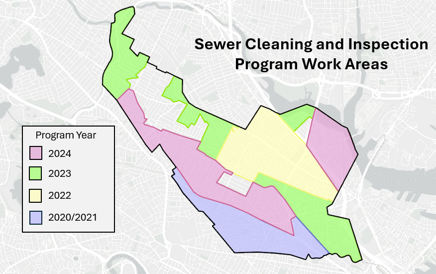 Map of CCTV sewer inspection work in Somerville