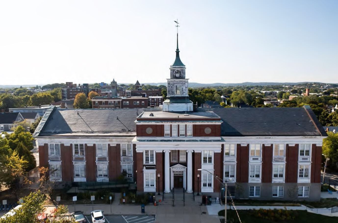 Aeriel image of City Hall clock tower prior to repair work