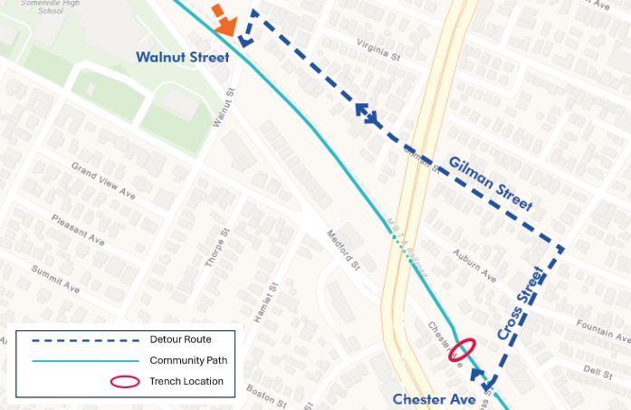 Map showing detour route via Walnut, Cross, and Gilman Street
