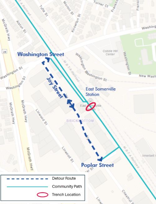 Map showing the detour route for East Somerville Station to Washington Street