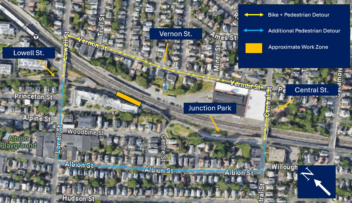 Map of area between Lowell Street and Central Street, showing detour routes via Vernon Street for bike/pedestrians and an alternate route via Albion Street for pedestrians.