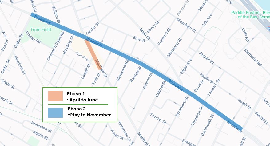 Map showing limits of work on Broadway (Temple Street to Cedar Street) and Medford Street (Broadway to Trull Street)