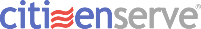 Logo: CitizenServe. Blue Citizen, Grey Serve, with three red lines representing the E in citizen.