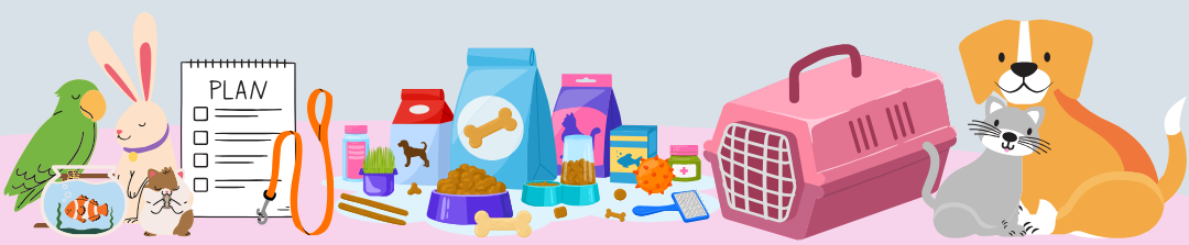 A row of images representing pet emergency preparedness. Images include a bird, fish, rabbit, and hamster; planning checklist; leash; pet food, bowls, treats, and toys; a pet carrier; a cat and dog.