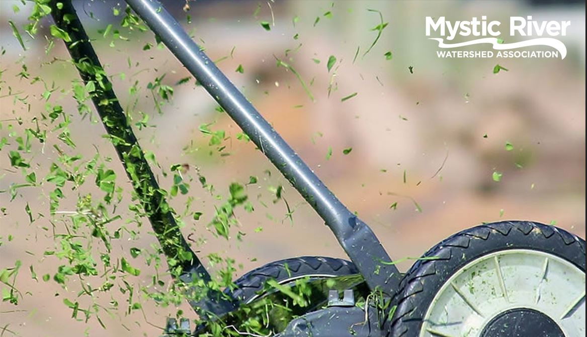 Image of grass being cut with Mystic River logo 