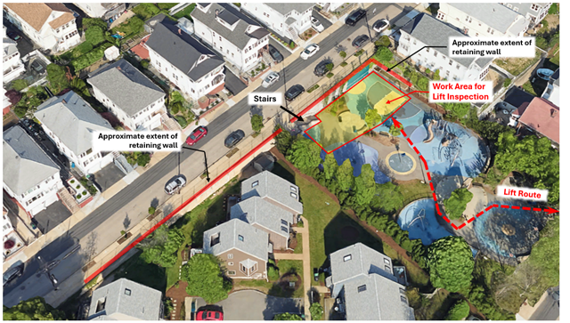 Map showing the expected location of lift to be used during retaining wall inspections