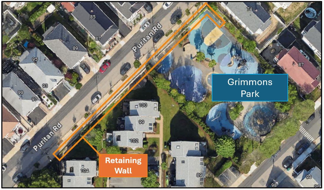 Map showing the limits of work on the retaining wall along the Puritan Road-side of Grimmons Park