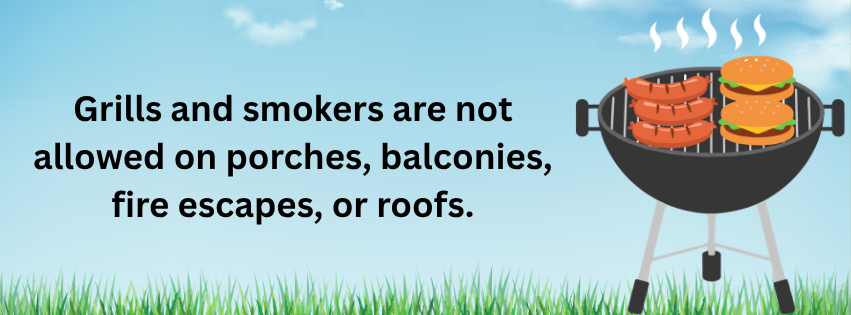 Grills and smokers are not allowed on porches, balconies, fire escapes, or roofs. Imagery includes a blue sky and grass, and a grill cooking food.