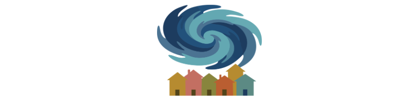 An image of a row of multicolored houses with a blue hurricane-type symbol above the homes.