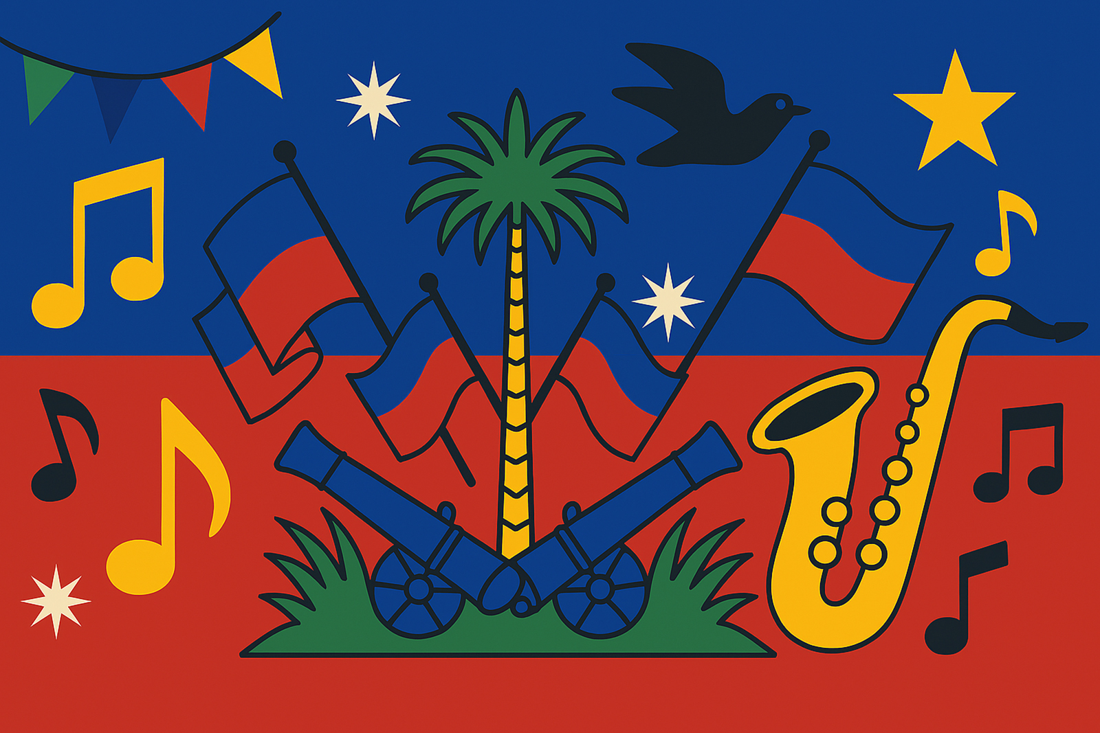 Festive Haitian flag with musical notes, saxophone, and celebratory decorations.