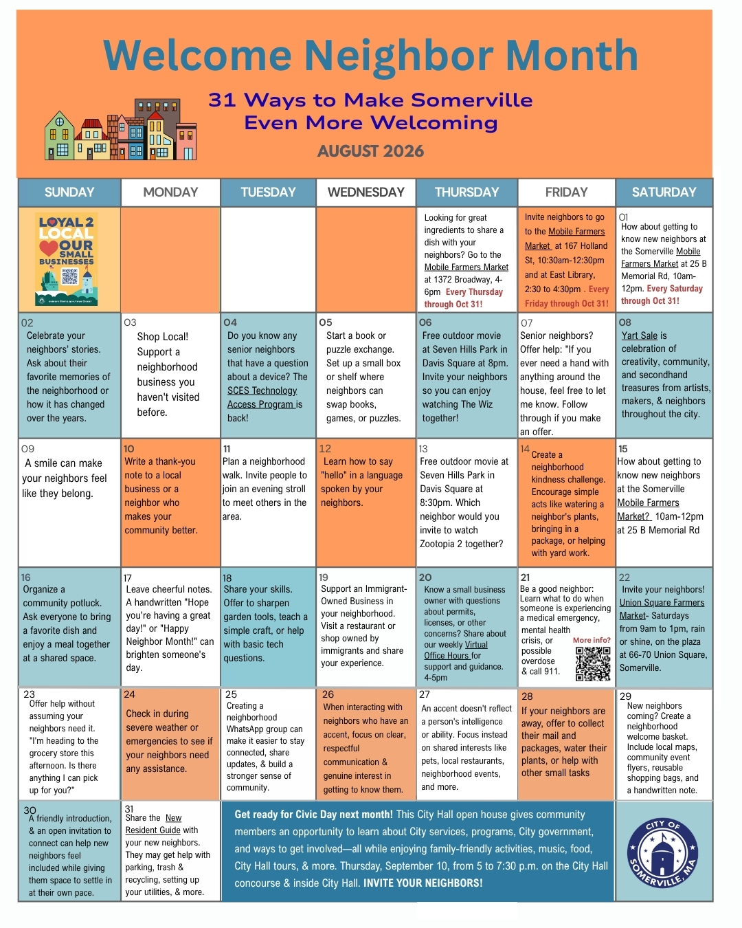 A screen capture of a calendar for Welcome Neighbor Month. Click on the image to open a fully interactive, screen-readable version. 