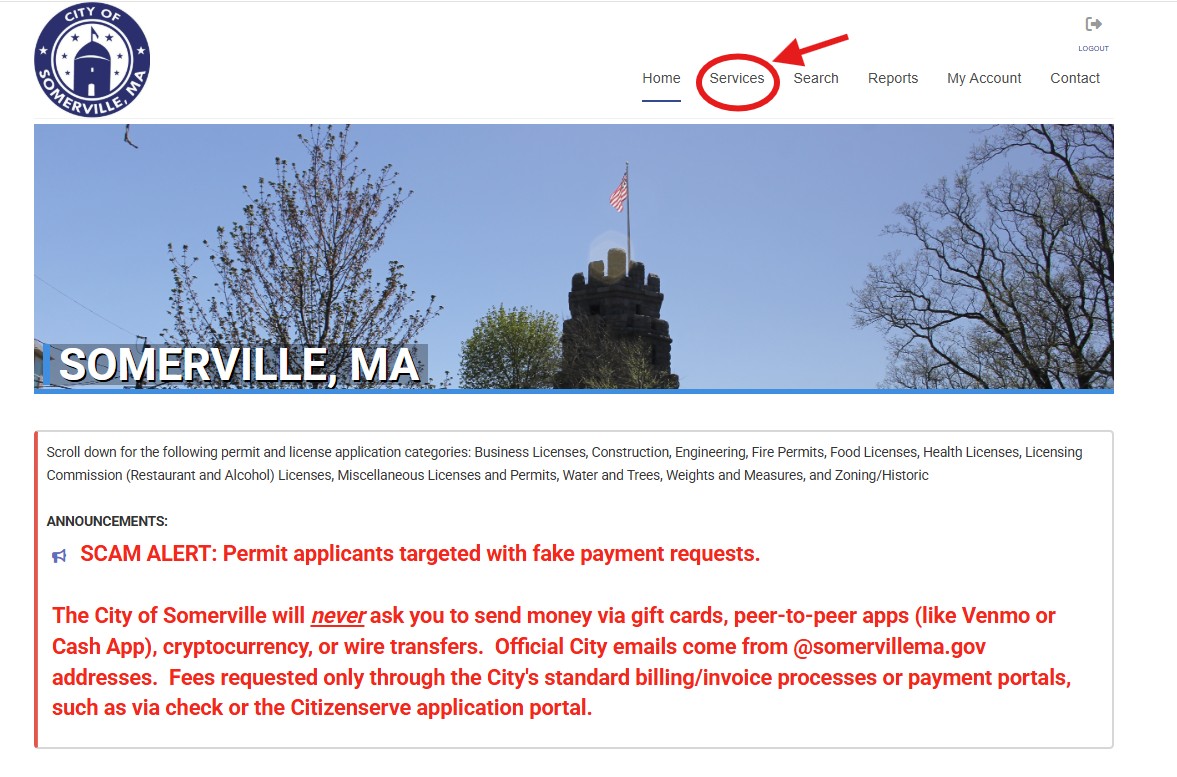 A screenshot of the landing page for the citizenserve app indicating where to click for services.