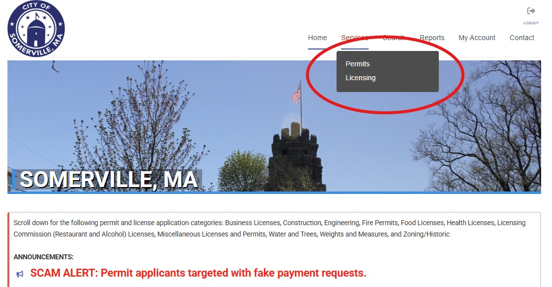 Screenshot of the citizenserve landing page indicating where users can find permits and licensing sections on the page. 