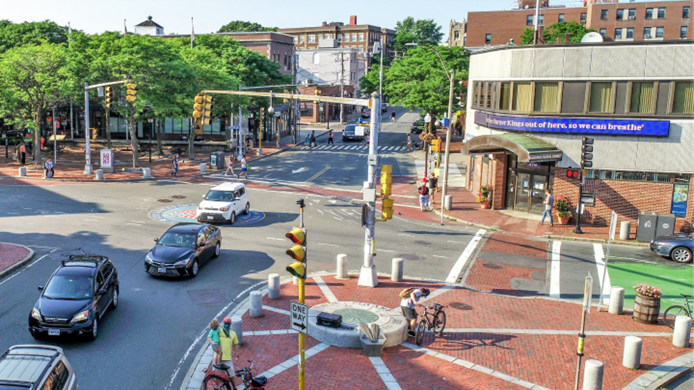An aerial image of Davis Square in Somerville highlighting a complex intersection. 