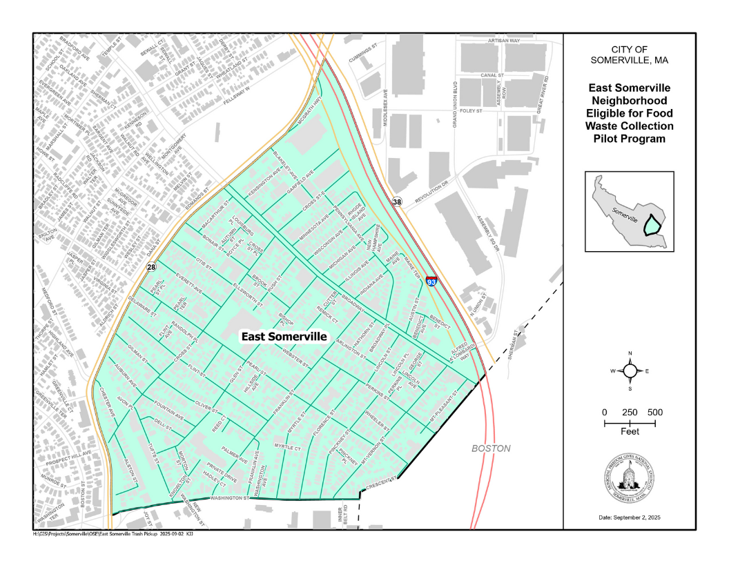 A map of East Somerville displaying routes for the new composing program. 