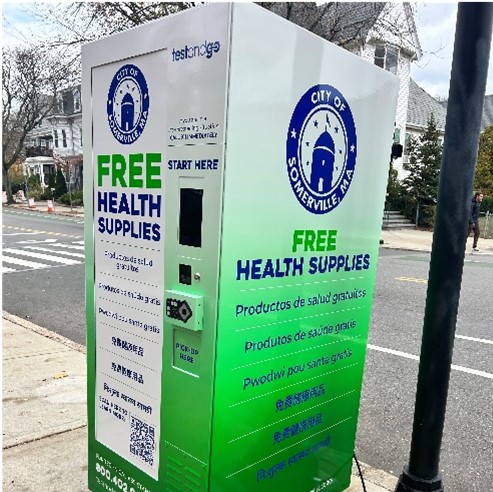 Side view of a local health kiosk for free health supplies. 