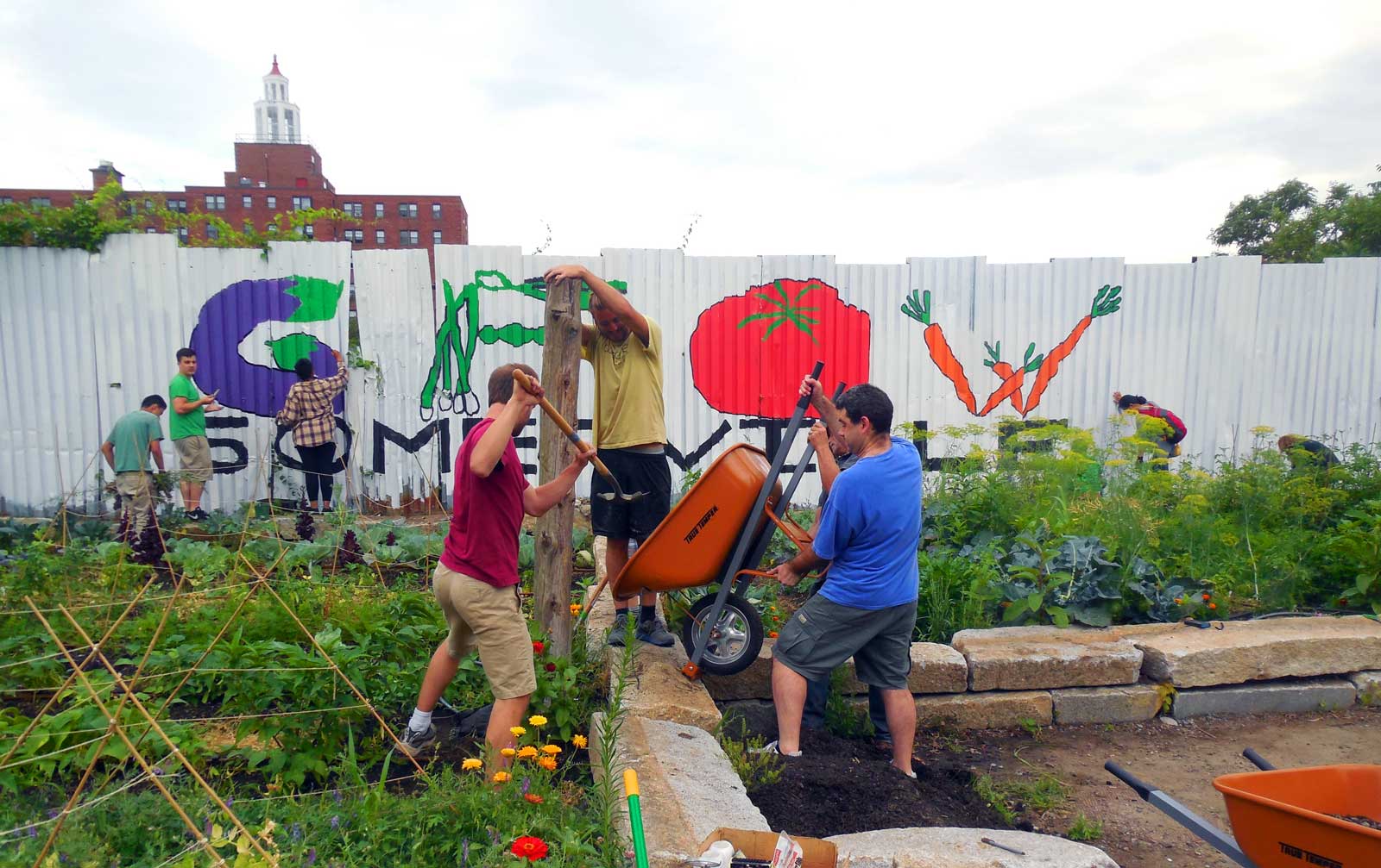 Volunteers spread mulch from a wheelbarrow at a Somerville park