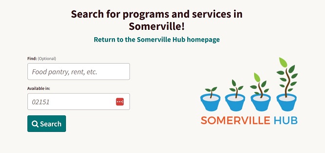 A visual representation of the search bar for Somerville Hub Connect with the Somerville Hub logo on the right.
