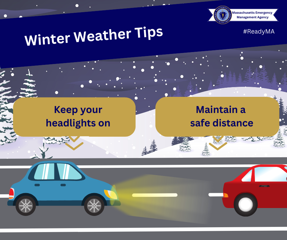 An infographic about driving in winter, "Winter Weather Tips." A blue car is labeled with "keep your headlights on" while a red car is labeled "maintain a safe driving distance." 