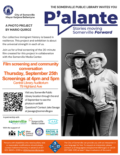 A flyer for the closing dates of the P'alante Exhibit with a black and white photo of two participants looking at the camera. 